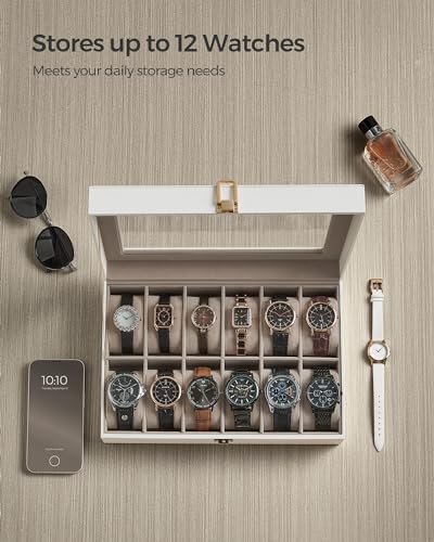 SONGMICS Watch Box, 12-Slot Watch Case Organizer with Large Glass Lid, Removable Pillows, Gift for Loved Ones, Cloud White Synthetic Leather, Cappuccino Beige Lining UJWB120W01 - color: Cloud White + Cappuccino Beige, size: 12 Slot