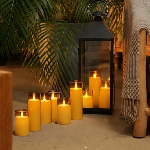 Homemory Amber Flickering Flameless Candles, Battery Operated Acrylic LED Pillar Candles with Remote Control and Timer, Fall Candles, Set of 9 - color: Amber, 9Pack
