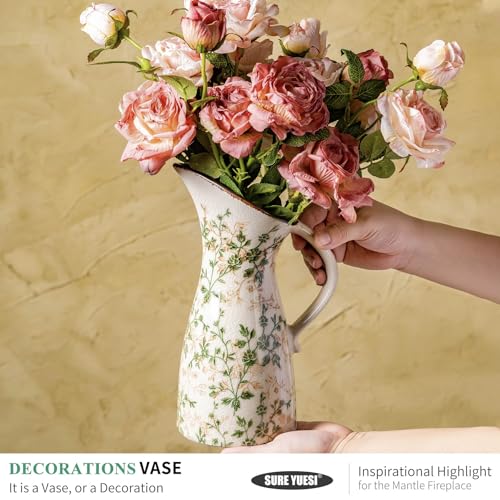 Vintage Ceramic Pitcher Vase with Handle 10.5”, Green Farmhouse Floral Vase, Chinoiserie Rustic Decor for Living Room, Bookshelf, Office - color: 15-green and Beige