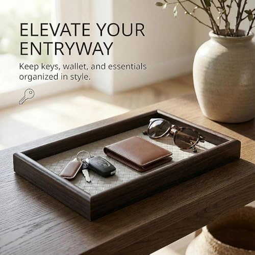 Zosenley Wooden Valet Tray with Leather Base - Nightstand Catchall Organizer for Cologne, Perfume, Keys, Wallet, Phone, Watch, Jewelry & Sunglasses (Llight Gray) - color: Llight Gray