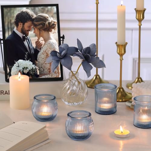 NITIME 12pcs Assorted Blue Votive Candle Holders for Wedding Decor, Ribbed Tea Lights Candle Holder, Glass Candle Holder for Table Centerpiece, Party and Holiday Decorations - color: Blue