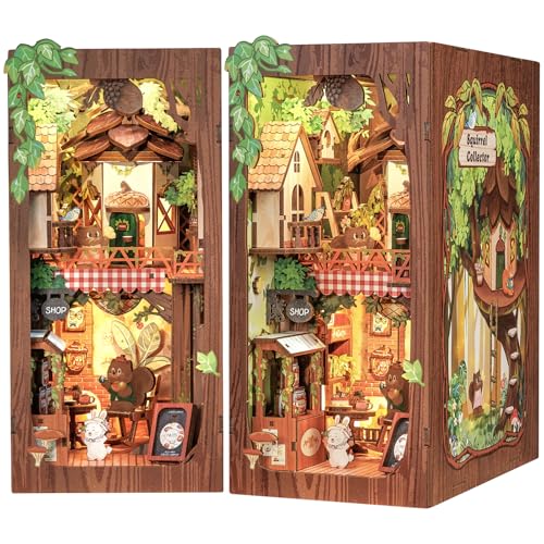 Cutefun Book Nook Kit, DIY Miniature Booknook Kit for Adults, 3D Wooden Puzzle Bookend Bookshelf Decor with LED Light & Dust Cover Creative Crafts Gifts for Book Lovers (Squirrel Collector) - style: Squirrel Collector