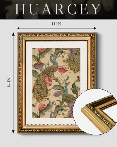 Golden Framed Canvas Wall Art Vintage Peacock, Classic Vine With Poppies Floral Canvas Print Wall Decor, Bird Art Print Wall Hanging 11x14 inch, for Bedroom Bathroom Living Room Decor - color: Peacock, size: 14"L x 11"W