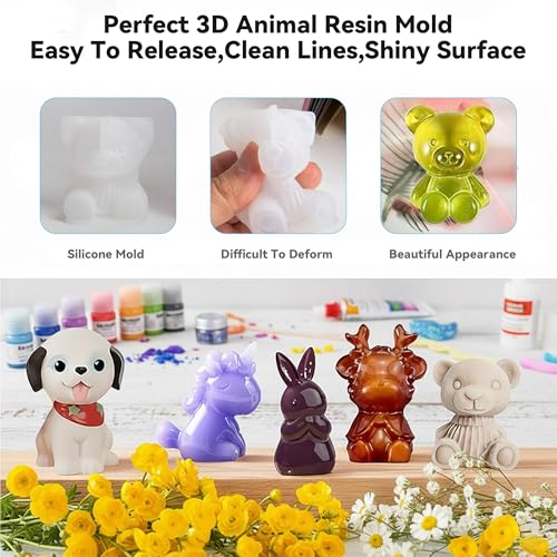 CUTEPLAN 21Pcs 3D Silicone Resin Casting Mold Kits - Includes 12 Animal Molds, 1 Measurement Cup & 10 Wood Sticks - for Figurines & Crafts DIY Projects