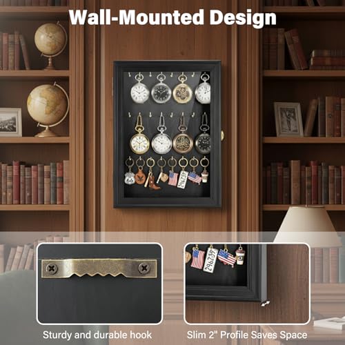 Pocket Watch Display Case, Elegant Keychain Display Stand with 24 Metal Hooks, Wall Mount Display for Pocket Watch Collectors, Unique Gift for Watch Lovers