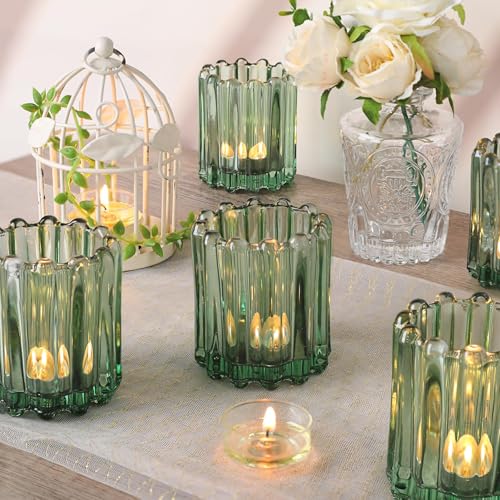 HAVITI 6 Pcs Votive Candle Holder, Green Glass Candle Holders, Tealight Candle Holder for Wedding Centerpieces Dinner Party Table Decor - color: Green