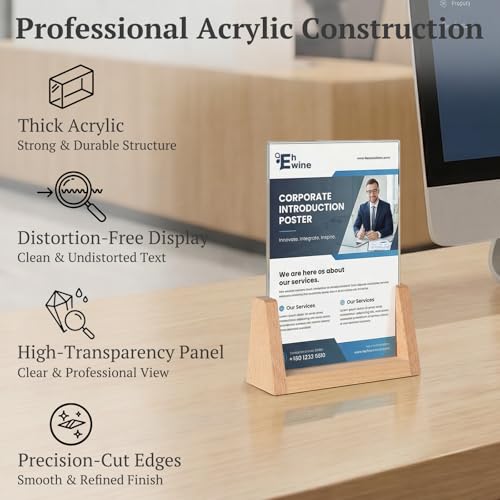 EHWINE 8 Pack 4x6 Acrylic Sign Holder with Wood Base, 2-in-1 Vertical & Slant Back Display, U-Shaped Clear Menu Holder Stand with Non-Slip Base Pads for Table, Desk, Countertop, Restaurant