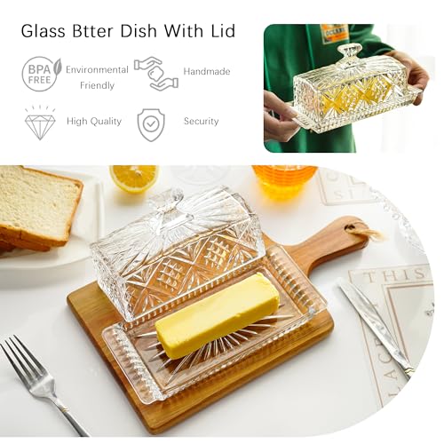 Crystal Covered Butter Dish,8inch Classic Glass 2-Piece Design Butter Keeper with Lid | Butter Holder | Dishwasher Safe - size: 8inch
