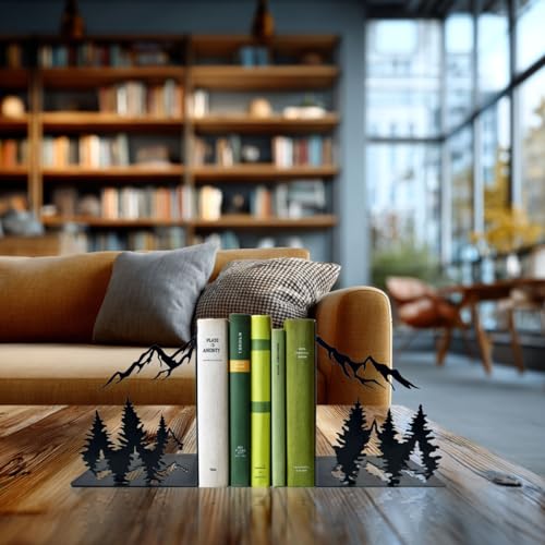 Matte Black Decorative Metal Mountain Bookends, Modern Aesthetic Decor for Home Office, Library or Studio Shelves, Unique Gift for Book Lovers - color: Mountain