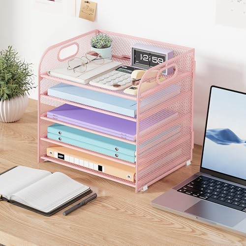 Cawukege 5 Tier Paper Organizer with Handle, Pink Metal Mesh Desk Organizer File Folder Paper Letter Tray Desktop Document Sorter for Classroom, School, Office Accessories Organization and Storage - color: Pink