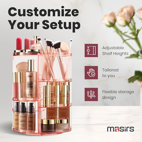 Masirs Rotating Makeup Organizer for Vanity, Large 360° Spinning Cosmetic & Skincare Organizer, Adjustable Shelf Height, Perfume Stand, Countertop Storage for Bathroom or Bedroom, Pink - color: Pink