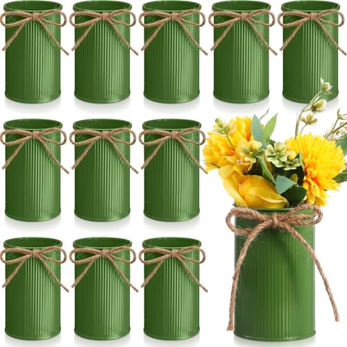 Rustic Vase for Table Centerpieces 4.33 Inch Small Petite Flower Vase with Twine Bow Vintage Farmhouse Decor for Wedding Reception Dining, Home Galvanized Metal Buckets(Sage Green,12 Pcs) - color: Sage Green