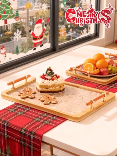 JUPELI 16" x 12" Bamboo Serving Tray with Handles – Marble Pattern Decorative Rectangle Tray for Coffee Table, Kitchen, Vanity, Bathroom, or Ottoman – Perfect for Bread Food Fruit Display & Storage - style: 1 PACK-Square-15.5" X 11.5"
