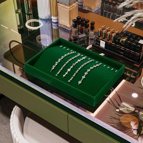 16 Slots Velvet Necklace Bracelet Tray Jewelry Trays Jewelry Drawer Organizer for Necklace, Bracelets, Watch Storage Display (Green) - size: 16 Slots for Necklace/Bracelet