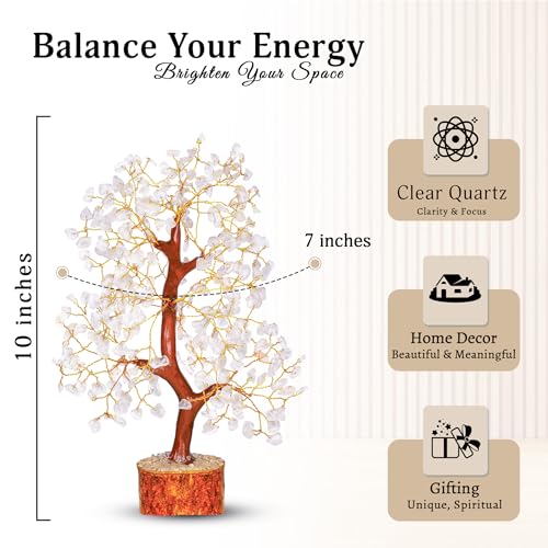 YATSKIA Clear Quartz Crystal Tree for Home Decor, Handmade Gemstone Tree for Positive Energy, Good Luck Birthday Gifts for Women - color: Clear Quartz Golden Wire