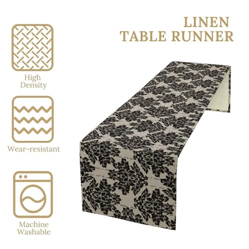 Vintage Damascus Flowers Table Runner Vintage Classic Flower Pattern Kitchen Dining Table Decoration for Home Party Decor Table Runners 13x36in - color: Beige-black, size: 13x36in