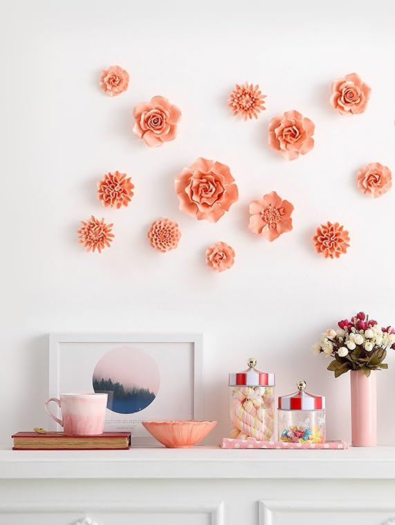 Ceramic Flower Wall Art, Artificial 3D Handmade Porcelain Flower Wall Hanging Sculpture Decor for Home Office (Orange Pink, Paeonia Lactiflora, 2.95") - color: Orange Pink,Paeonia lactiflora，2.95"