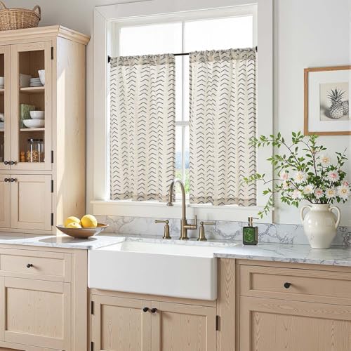 jinchan Boho Linen Blend Kitchen Curtains 36 Inch Length Herringbone Printed Tier Curtains for Small Windows Bathroom Cafe Laundry Room Set of 2 Rod Pocket Black on Linen - color: Arrow | Black on Linen, size: 26"W x 36"L (Pack of 2)