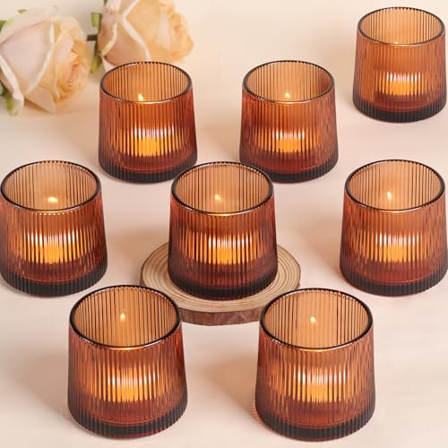 Amber Ribbed Tealight Votive Candle Holders Set of 10- Votive Candle Holders for Table Centerpiece, Tea Light Candle Holder Glass for Wedding and Home Decor, Blue Decor and Gifts - color: Amber, size: 10Pcs