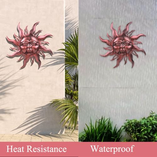 28'' Outdoor Wall Decor Rust Proof, Sun Face Metal Wall Art Decor Hanging for Indoor Outdoor, Patio, Fence, Garden(Brown) - color: Brown-Sun