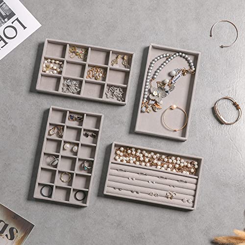 Frebeauty Jewelry Organizer Tray,Stackable Velvet Jewelry Trays,Drawer Inserts Earring Organizer For Women Jewelry Storage Display Case for Rings Stud Necklaces,Set of 6(Grey) - color: Grey, size: Set 6