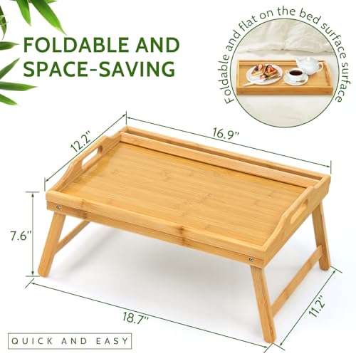Tray Table for Bed, Bamboo Breakfast Tray with Folding Legs and Handles, Natural Color Bed Tray with Media Slot, Ideal for Eating, Serving or Working in Kitchen, Sofa or Bedroom - style: 1 pack