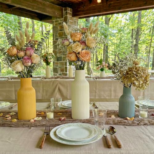 Colorful Ceramic Vases Set of 3 (White, Yellow, Blue) - Modern Matte Ribbed Color-Block Vases for Dried Flowers - Scandi Boho Decor Centerpieces for Living Room & Shelf - color: White/Yellow/Blue