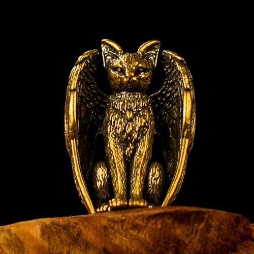 CHOVY Guardian Angel Cat Brass Statue - Solid Heavy Metal Winged Feline Sculpture, Handmade Vintage Oddity for Desk Altar, Bookshelf & Unique Spiritual Gift for Cat Lovers - color: Angel Cat