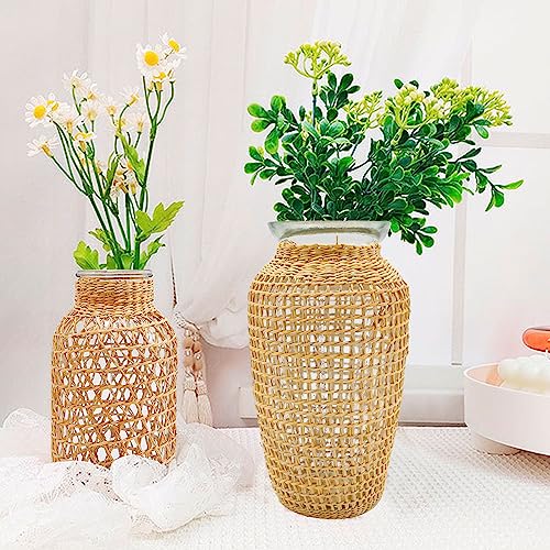 MDEOOSKY Straw Woven Glass Vase 7.9''x2.36''x3.5''Boho Glass Flower Vase Country Rustic Style Vase Glass Vase for Floral Arrangements Bottle Height (A Style 7.9IN) - size: 7.9IN