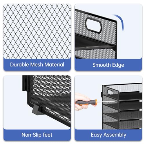 7-Tier Paper Organizer for Desk, Letter Tray with Handle Mesh Desk File Organizer, Workspace Organizers, Paper Sorter Organizer for Office Home School (Black) - color: Black