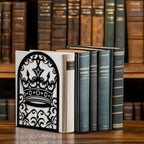 Peacoblue Metal Bookends for Shelves, Modern Decorative Heavy Duty Study Book Ends Stoppers for Office, Desk, Shelf, Room 5.3"x4.3"x7.9" Cast Iron Simple Tall Bookends 1 Pair (Crown) - style: Crown