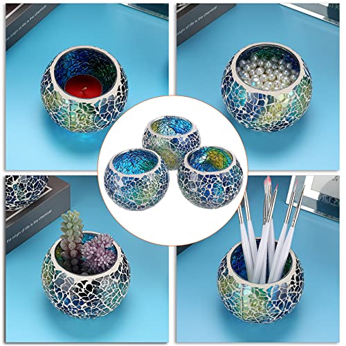 OwnMy Set of 3 Blue Mosaic Glass Tea Light Holders Round Bowl Votive Candle Holders Pillar Candle Stands, Glass Mosaic Tealight Holders Potted Plant Bowl Vase Candle Centerpiece for Table Wedding - color: Blue