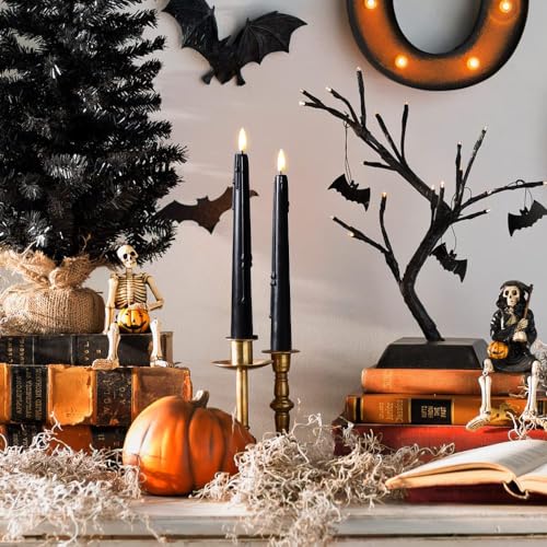 Stmarry Black Flameless Taper Candles with Remote and Timer - 9.65 Inch Real Wax LED Candlesticks - Wax Drip Battery Operated Halloween Taper Candles with 3D Flickering Flame Halloween Decor, 6 Pack - color: Black, size: 6 Pack