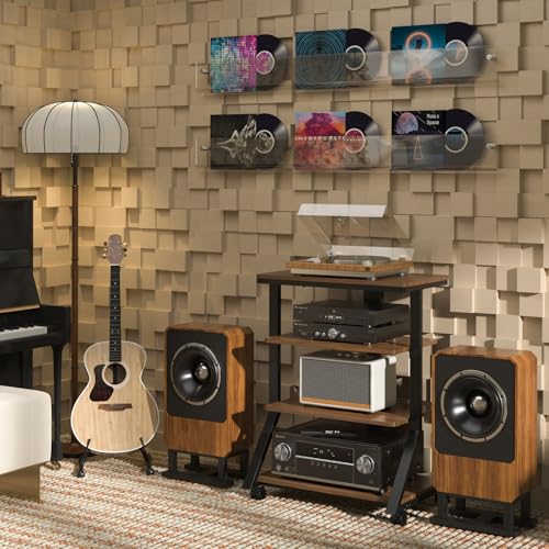 Rfiver 4-Tier AV Media Stand with Wheels, Mobile Rack Audio Tower with Height Adjustable Shelves, Wooden Stereo Racks and Stands, Stereo Stand for Record Player, TV Box, Corner Entertainment Center