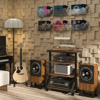 Rfiver 4-Tier AV Media Stand with Wheels, Mobile Rack Audio Tower with Height Adjustable Shelves, Wooden Stereo Racks and Stands, Stereo Stand for Record Player, TV Box, Corner Entertainment Center