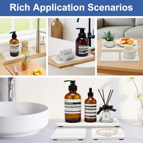 4 Pack Water Absorbing Stone Drying Tray for Bathroom Sink Trays Kitchen Counter Diatomite Stone Quick Dry Diatomaceous Earth Mat for Sink Kitchen Soap Trays Ceramic Marble Bathroom Vanity Tray - color: Marble Light Gray