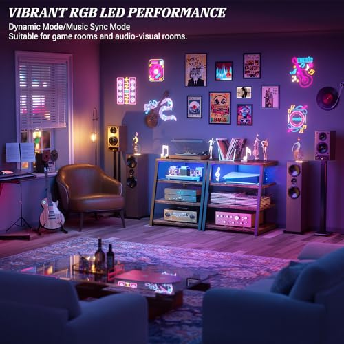 Armocity 4-Tier AV Media Stand with Power Strips, Stereo Stand with LED Lights, Audio Tower Rack with Adjustable Shelves, Small Entertainment Center, 30'', Rustic Brown - color: Rustic Brown, size: 30" (H)