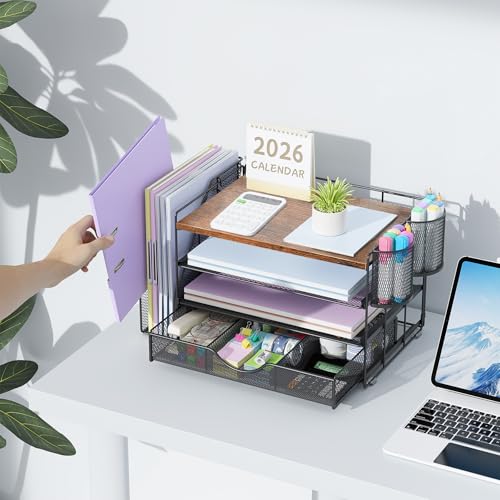 gianotter Desk Organizers and Accessories with File Holder, 4-Tier Desk Accessories & Workspace Organizers with Drawer and 2 Pen Holder, Paper Organizer for Office Supplies (Wood) - color: Wood