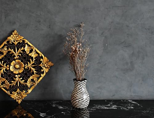 AeraVida Intricate Etched Ovals Mango Wood Vase Dark Brown 6-Inch Handmade Tabletop Flower Holder for Dried or Silk Flowers Rustic Modern Decor Accent for Living Room or Office
