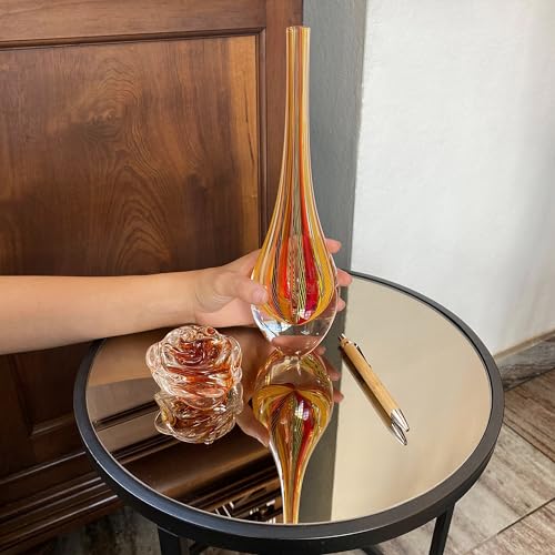 Ca D Oro Small Drop Glass Vase Boho with Red/Yellow Canes Hand Blown Murano-Style Art Glass - Model Tall - color: Red