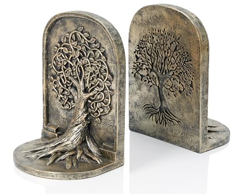 Tree of Life 3D Bookends with Intricate Details, Solid Resin Construction Non-Slip Design, Antique Gold Decor for Home Library, Office - color: Antique Gold