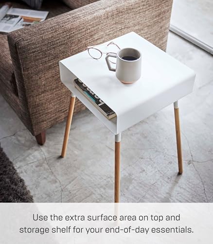YAMAZAKI Home Plain Side Table with Open Storage Shelf, Rectangular Accent Space Saving Living Room Bedroom Couch End Table - Tall, 23" - Steel + Wood - color: White, size: Tall