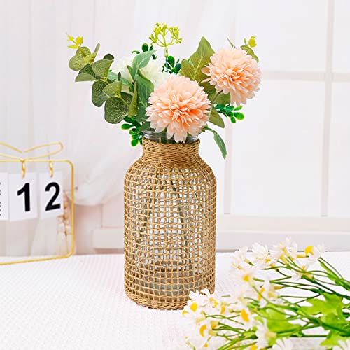 MDEOOSKY Straw Woven Glass Vase 7.87''x1.96''x4.13''Boho Glass Flower Vase Country Rustic Style Vase Glass Vase for Floral Arrangements Bottle Height (B Style 7.87IN) - size: 7.87IN