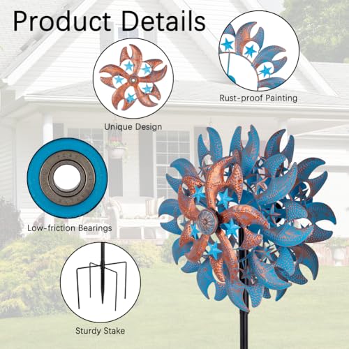 Wind Spinner Outdoor,Blue Copper Kinetic Metal Wind Spinner for Yard,Rustproof＆Waterproof Wind Sculpture,Metal Pinwheels for Yard Lawn Yard Art Outdoor Decor 13 * 66.2 inches - size: 13‘’Blue Copper with Star