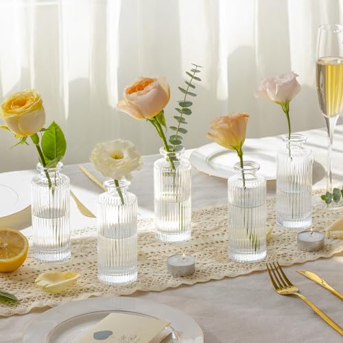 ComSaf Small Vases for Flowers Mini Clear Glass Bud Vases in Bulk, 5.2 inch Tall Mini Flower Vase, Vases for Centerpiece, Ribbed Vase, Wedding Table Ceterpiece, Home Decor, Housewarming Gift (Clear) - size: 6 Pcs