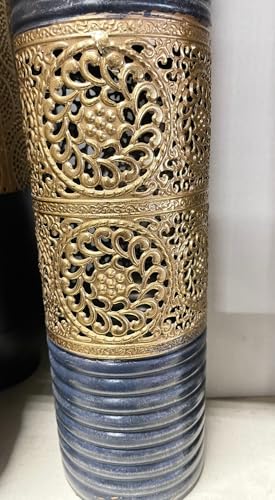 24" Gold and Grey Embossed Metal Decorative Floor Vase – Large Modern Luxury Accent Vase for Living Room, Entryway & Home Decor