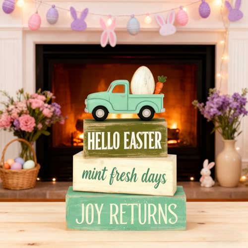Easter Decorations - Hello Easter Truck Tiered Tray Decor - Wooden Easter Tabletop Sign with Carrot & Egg - Mint Green Farmhouse Spring Home Decor Indoor for Tiered Tray Shelf Mantel - Spring Home Decor for Living Room, Kitchen Counter - style: Easter Tru