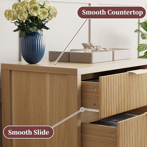 Fluted Nightstand, 23.7'' Wide Night Stand with 3 Drawers, Mid-Century Modern Bedside Table with Handles, Wood End Table for Bedroom, Oak - color: Oak