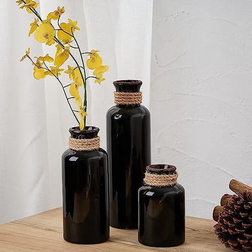 LUKA Ceramic Rustic Farmhouse Vase Set of 3,Terracotta Vases for Decor,Antique Vase for Your Bedroom,Office,Living Room,Fireplace Decor,Housewarming （10+7.5+5 Inch） - color: Black
