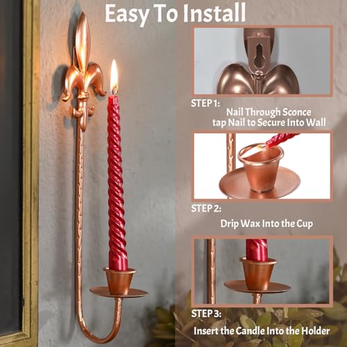 Rose Gold Metal Candle Sconces Wall Decor Set of 2 - Elegant Fleur De Lis Wall Mounted Candle Holders, 13.5" Vintage Decorative Candle Holder for Home Decor, Wedding, Dining Room, Bedroom - color: Rose Gold